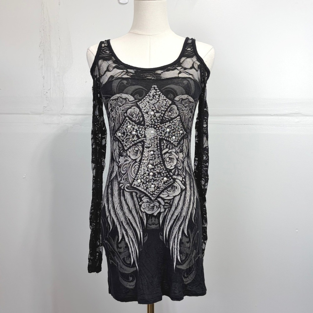 Bling Bling Y2K Grunge Goth Lace Cold Shoulder Angel Wing Cross Mini Dress Black